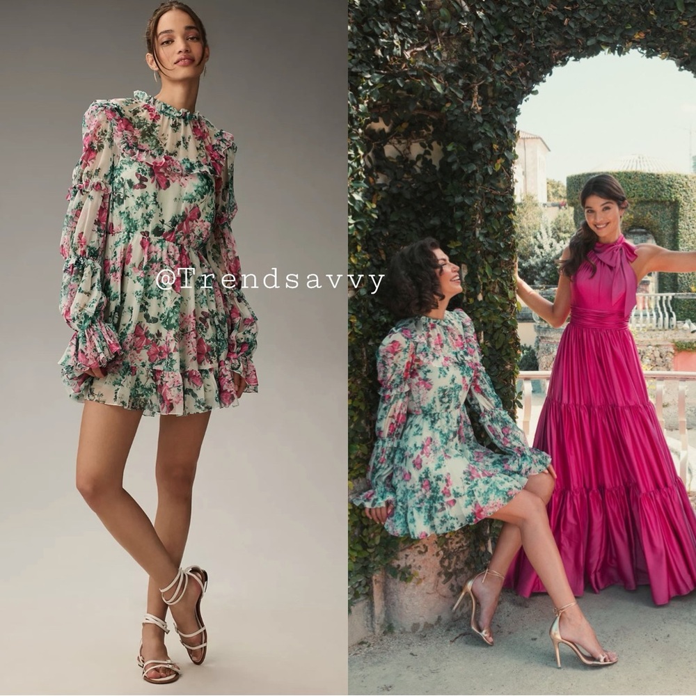 ANTHROPOLOGIE Mac Duggal Floral Chiffon Ruffle Mini Dress Size 6 Wedding NWT